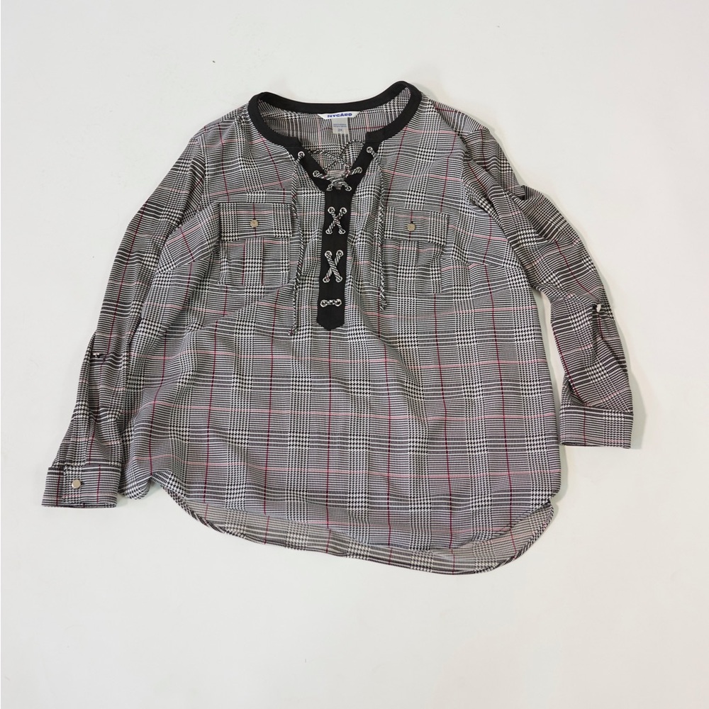 Women's Plaid Blouse with Lace-Up Detail